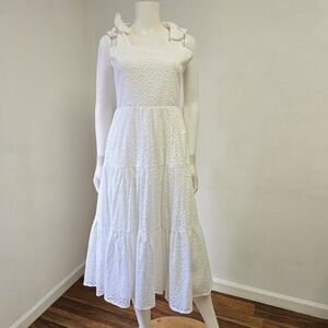 Holly Shae Eyelet Midi Dress White Tiered Tie Straps Smocked Back Size S/M NWT